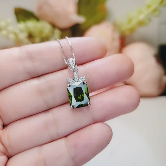 Rectangular Peridot Necklace - White Gold Sterling Silver Gemstone Flower Green Peridot Pendant - August Birthstone #966