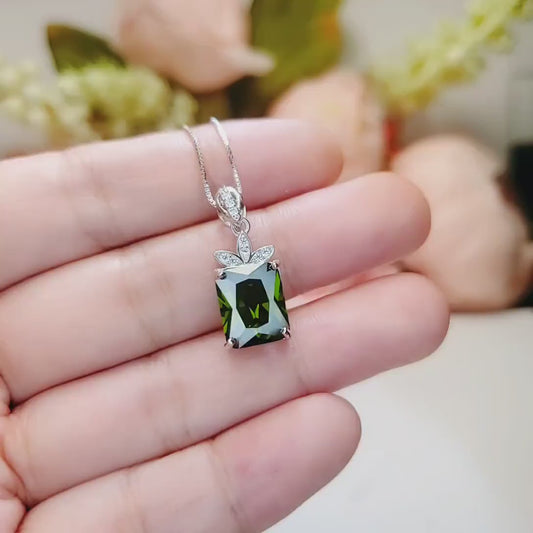 Rectangular Peridot Necklace - White Gold Sterling Silver Gemstone Flower Green Peridot Pendant - August Birthstone #966