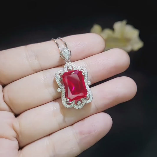 Gemstone Flower Red Ruby Necklace - Large Rectangle Baguette Cut Ruby Pendant - 18KGP @ Sterling Silver - July Birthstone #802