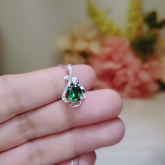 Green Emerald Necklace Sterling Silver Flower Of life Pendant, white gold 18kgp Oval Cut box chain  emerald jewelry 077