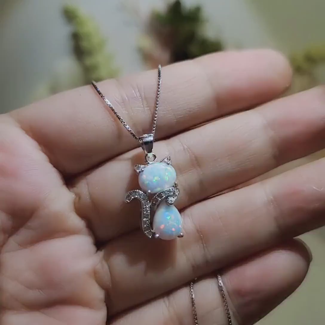 Cat Opal necklace - Gemstone Kitty Cat Opal Pendant 18KGP @ Sterling Silver -  Pet Cat lover gift  Kitten Jewelry #210
