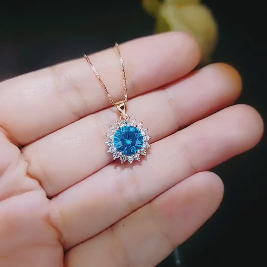 Blue Topaz Necklace - Rose Gold coated Sterling Silver Princess Diana Style Halo Sunflower 8mm  - 2 CT Blue Topaz Jewelry #275