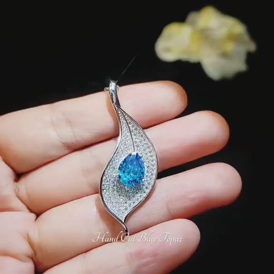 Blue Topaz Necklace Sterling Silver Leaf Pendant - Luxury Teardrop 2.75 CT Swiss Blue Topaz Gift November December Birthstone #983