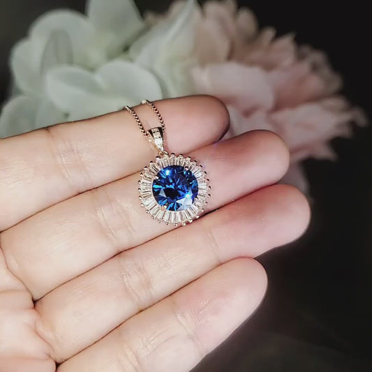 Blue Sapphire Necklace - Rose Gold - Gemstone Halo Sun 4 CT Royal Blue Sapphire Pendant - Sterling Silver September Birthstone #524