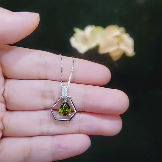 Geometric Green Peridot Necklace - Sterling Silver Tiny Triangle Gemstone Teardrop Peridot Pendant -  Minimalist Green Gemstone Jewelry #116