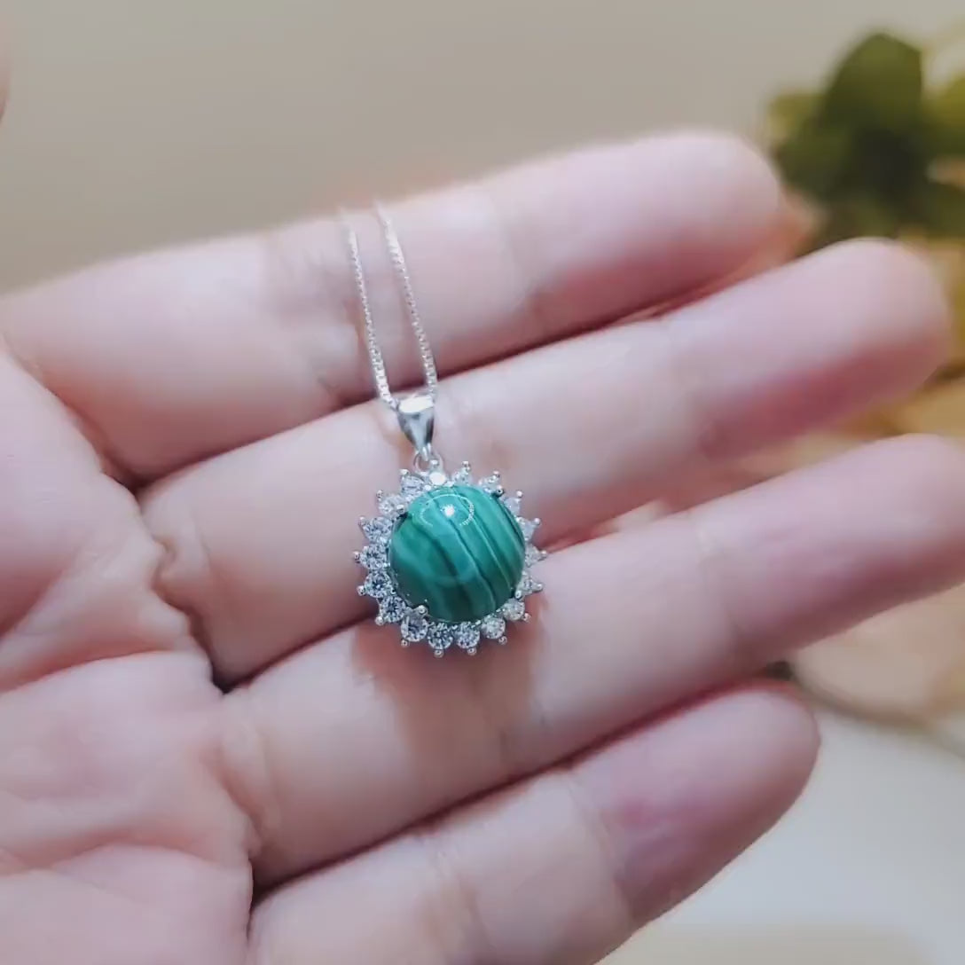 Genuine Malachite Necklace - High Quality Dainty Sterling Silver Princess Diana Style Gemstone Sunflower Style Natural Malachite #359