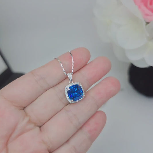 Large Radiant  Blue Sapphire Necklace -  925 Sterling Silver Made Sim Gemstone White Gold September Birthday Blue Gemstone Jewelry #549
