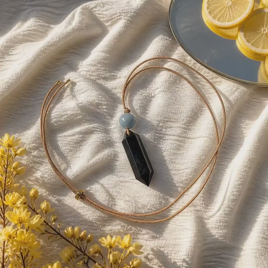 Black Obsidian Point Necklace, Aquamarine Bead Pendant, Adjustable Leather Cord, Crystal Healing Jewelry, Natural Chunky Stone Boho Choker