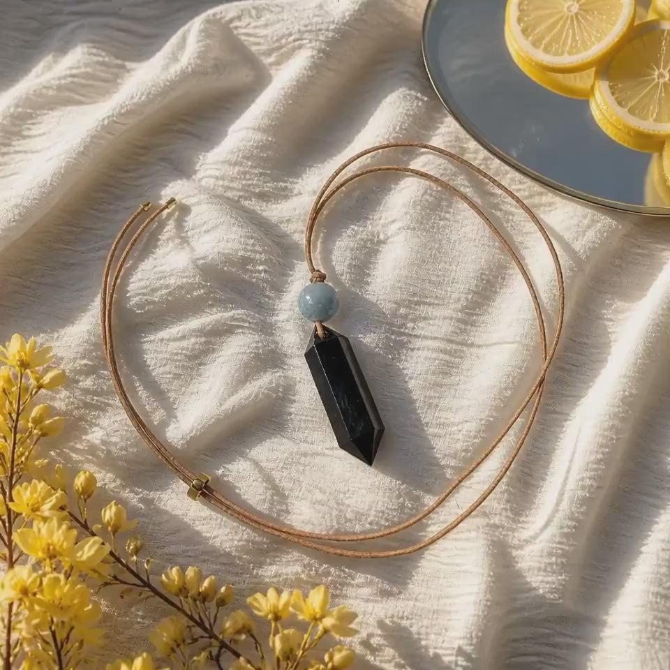Black Obsidian Point Necklace, Aquamarine Bead Pendant, Adjustable Leather Cord, Crystal Healing Jewelry, Natural Chunky Stone Boho Choker