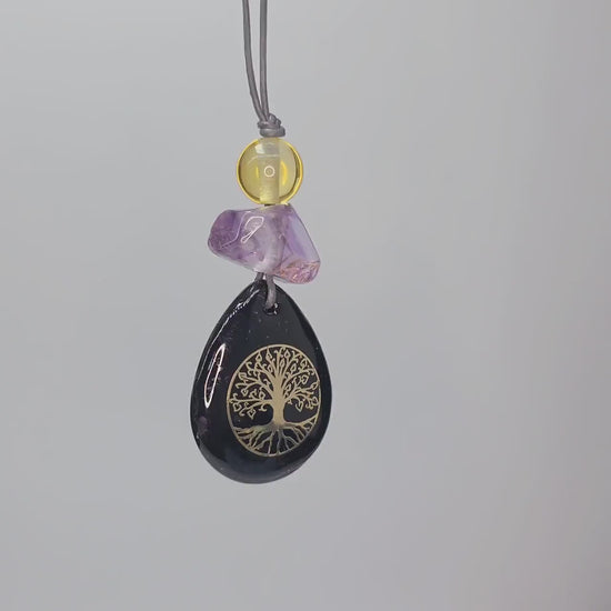 Chunky Black Agate Necklace, Geometric Tree of Life Amethyst Pendant, Zen Spiritual Protection Jewelry, adjustable leather cord 24 in" #2577