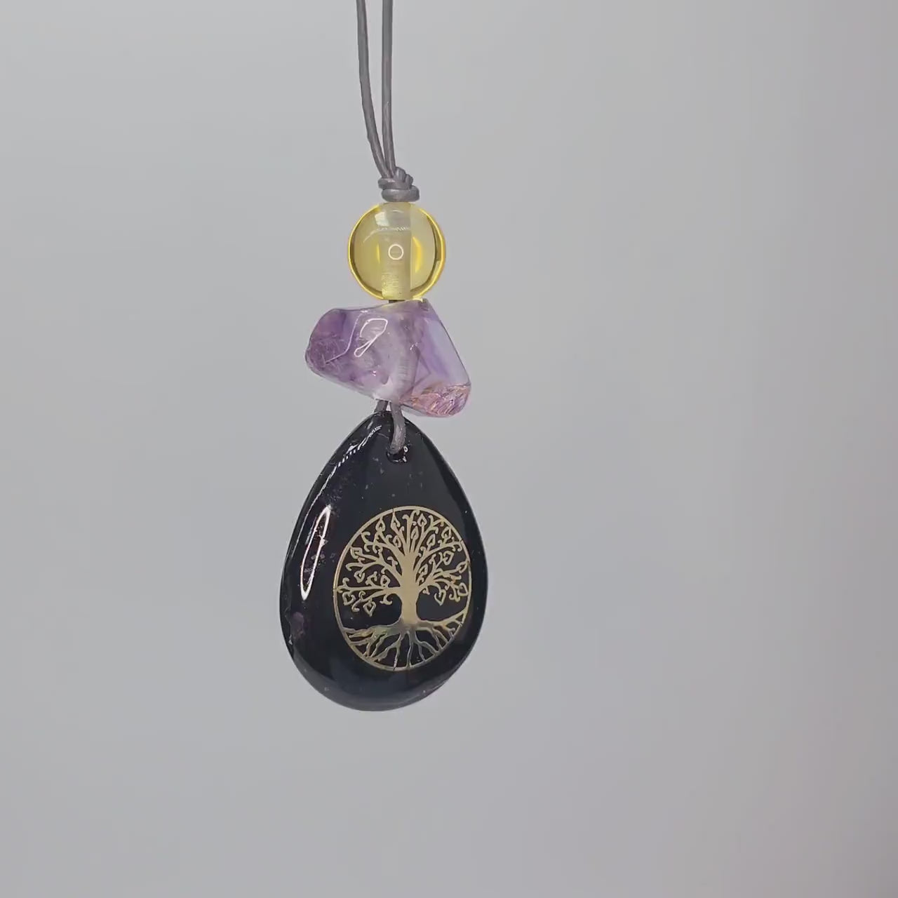 Chunky Black Agate Necklace, Geometric Tree of Life Amethyst Pendant, Zen Spiritual Protection Jewelry, adjustable leather cord 24 in" #2577