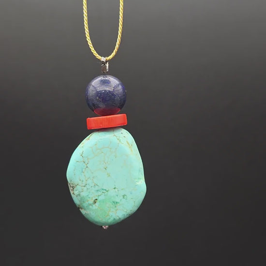 Rough Turquoise Pendant Necklace, Lapis Lazuli & Coral, 30" Adjustable Gold silk cord , Boho Coastal Jewelry,  chunky stone jewelry #2328