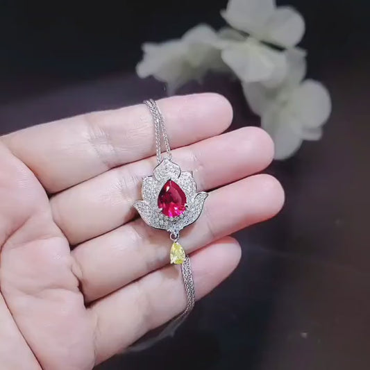 Ruby Necklace - Gemstone Lotus Flower Pendant - 18kGP @ Sterling Silver -Teardrop Halo  Ruby Pendant #922