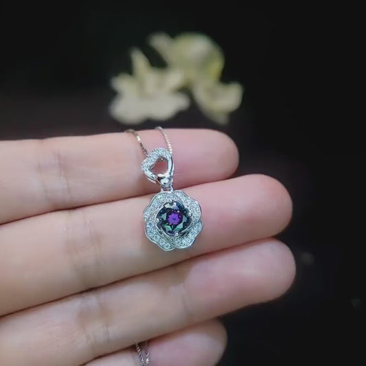 Mystic Topaz Necklace Rose Flower Style - 18kgp Sterling Silver - Dainty Round Cut Gemstone Halo Rainbow Mystic Topaz Pendant #401