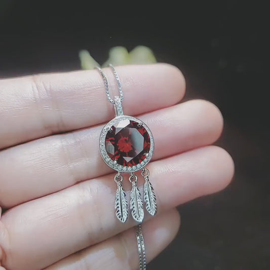 Large Spessartite Garnet Necklace - Dream Catcher Pendant - 18kgp @ Sterling Silver - Red Orange Garnet Jewelry #691