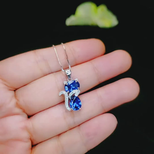 Cat Blue Sapphire Necklace, Kitty Cat Blue Sapphire Pendant Gemstone White Gold Plated Sterling Silver Pets Lover Jewelry #219