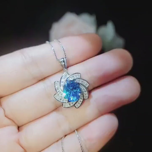 Blue Topaz Necklace - Diamond Milky Way Spiral Pendant 18KGP White Gold Sterling Silver - 3 CT Galaxy Energy Vortexes Windmill Jewelry #987