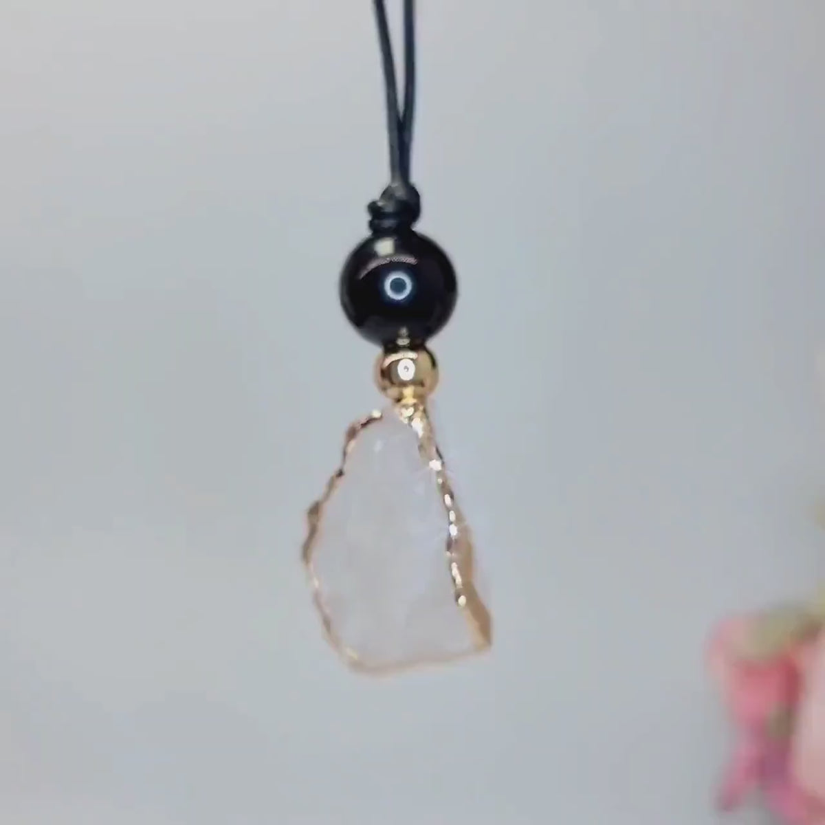 Clear Quartz Pendant Necklace, Chunky Geometric Obsidian Healing Crystal Jewelry, Adjustable Leather Cord
