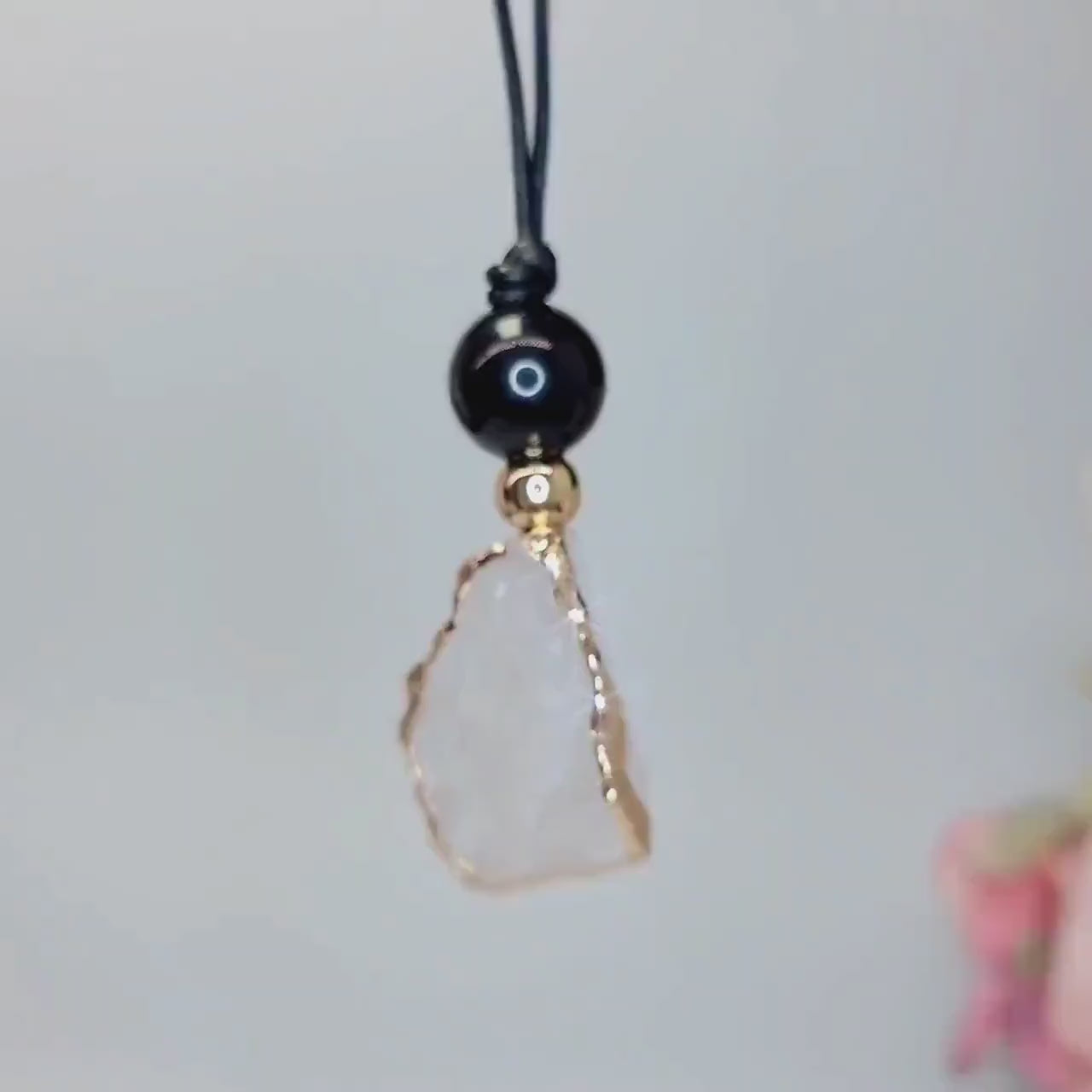 Clear Quartz Pendant Necklace, Chunky Geometric Obsidian Healing Crystal Jewelry, Adjustable Leather Cord