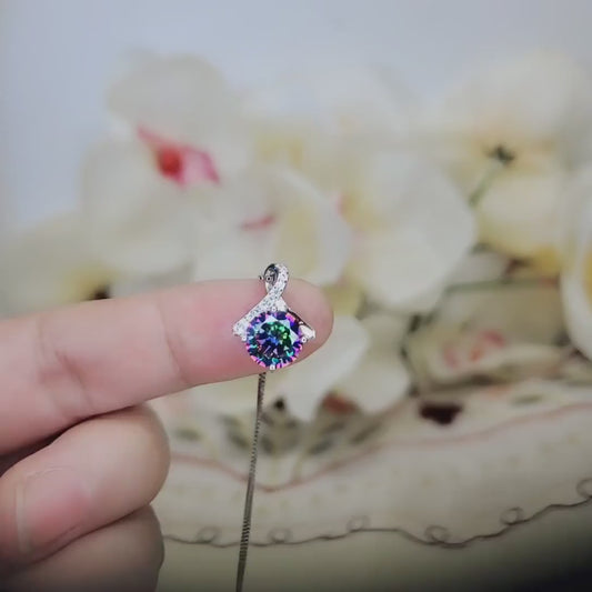 2.2 CT Mystic Topaz Necklace  -  Gemstone Simple Bowknot Rainbow Topaz Sterling Silver  - White Gold plated Minimalist Rainbow Gemstone #101