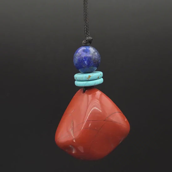 Red Jasper Rough Cut Pendant Necklace, Lapis Lazuli Turquoise Beads Leather Cord, Grounding  Men's Boho chunky stone jewelry #2329