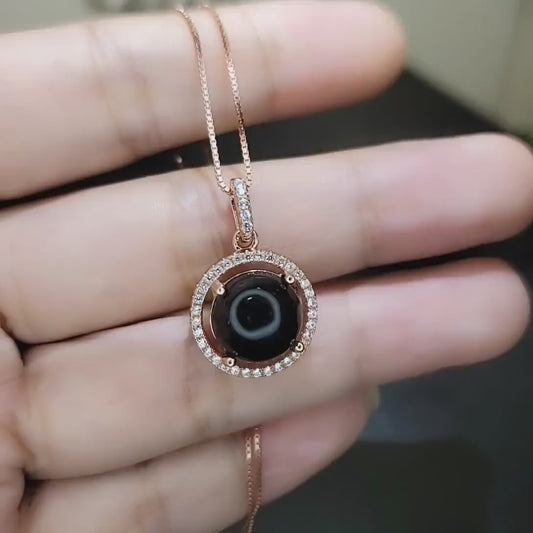 Solitaire Black Onyx Necklace , Classic 4 CT Natural Genuine Onyx Pendant -  18KGP @ Sterling Silver - Black Gemstone Protective Stone #159