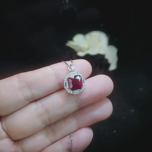 Ruby Necklace - Pigeon Blood Red Ruby Pendant - White gold @ Sterling Silver - July Birthstone 8 mm 2.5 CT Square Cut Red Ruby Jewelry #301