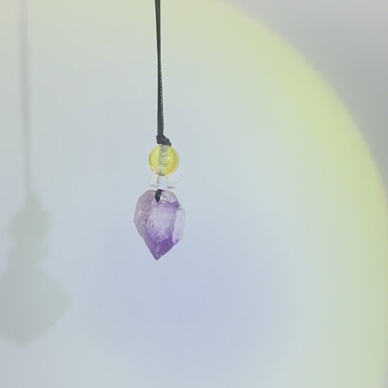 Chunky amethyst Quartz Necklace Leather cord , Raw Crystal Jewelry with Clear quartz and citrine Long Chain Adjustable UP to  #2344