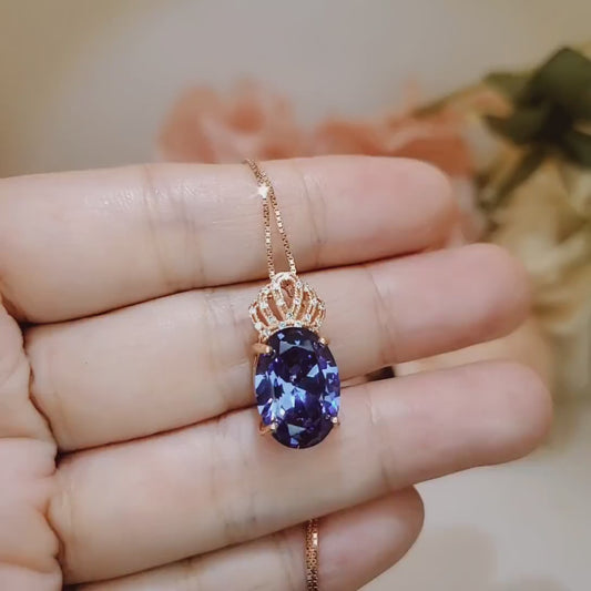 Large Oval Blue Tanzanite Necklace Gemstone Crown 6 CT  Energic Tanzanite Pendant Sterling Silver Rose Gold Coated #812