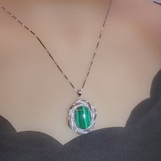 Natural Malachite Necklace - 18KGP @ Sterling Silver -  Large Genuine Oval Green Malachite Pendant - Heart Chakra Healing 1117