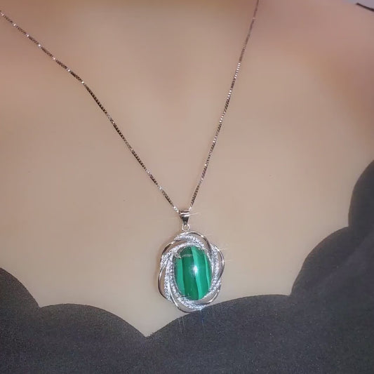 Natural Malachite Necklace - 18KGP @ Sterling Silver -  Large Genuine Oval Green Malachite Pendant - Heart Chakra Healing 1117