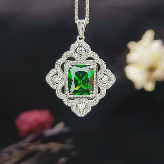 Gorgeous Green Chrome Diopside Necklace  - Gemstone Flower Sterling Silver White Gold Coated - Faceted Rectangle 5 CT Diopside Pendant #826