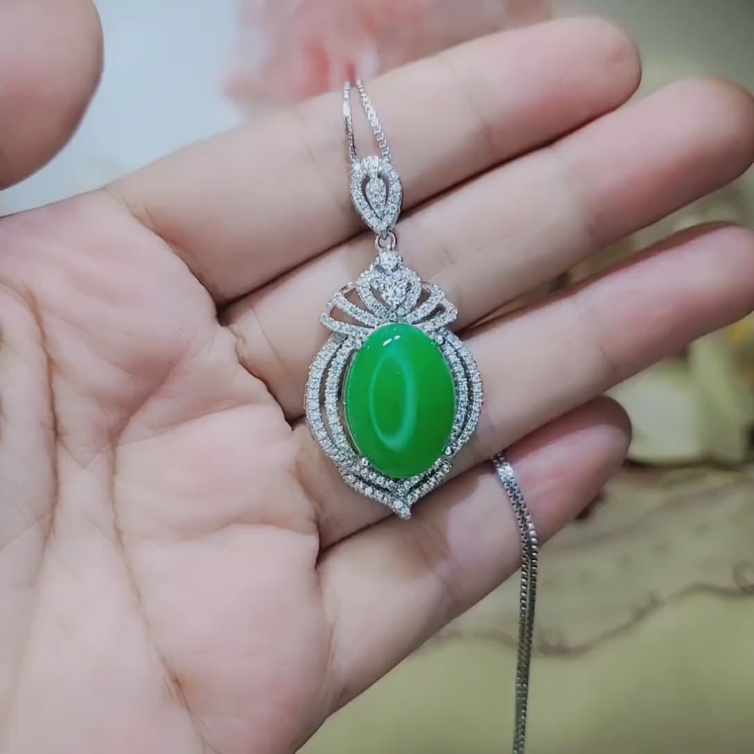 Large Green Jade Necklace Diamond Crown White Gold Coated Sterling Silver Green Jade Pendant Jewelry 1046