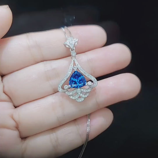 Mandolin flower Blue Sapphire Necklace - 1.2 ct Trillion Cut Blue Sapphire Pendant -  White Gold coated Sterling Silver Gemstone Design #675
