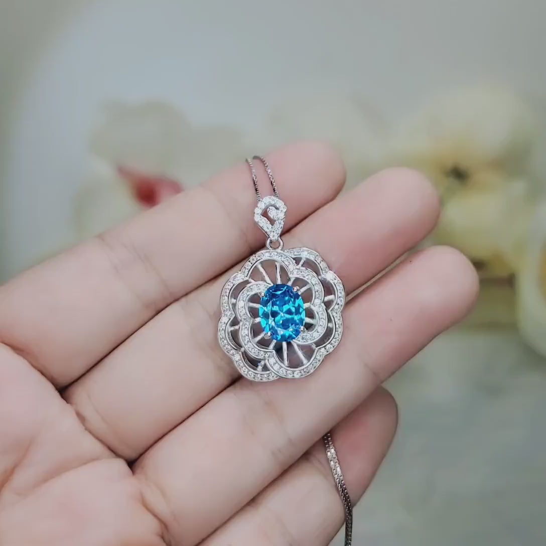 Gemstone Peony Blue Topaz Necklace, 2.1 CT Blue Gemstone Pendant White Gold plated Sterling Silver Flower Jewelry #556