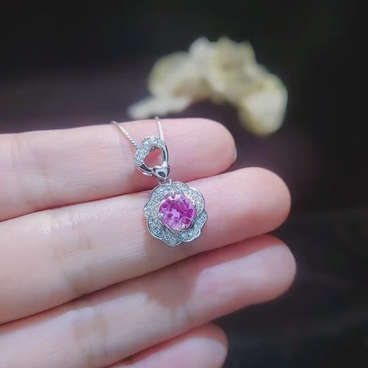 Pink Tourmaline Necklace - 18KGP @ Sterling Silver - Rose Flower Necklace - Pink Tourmaline Pendant #402