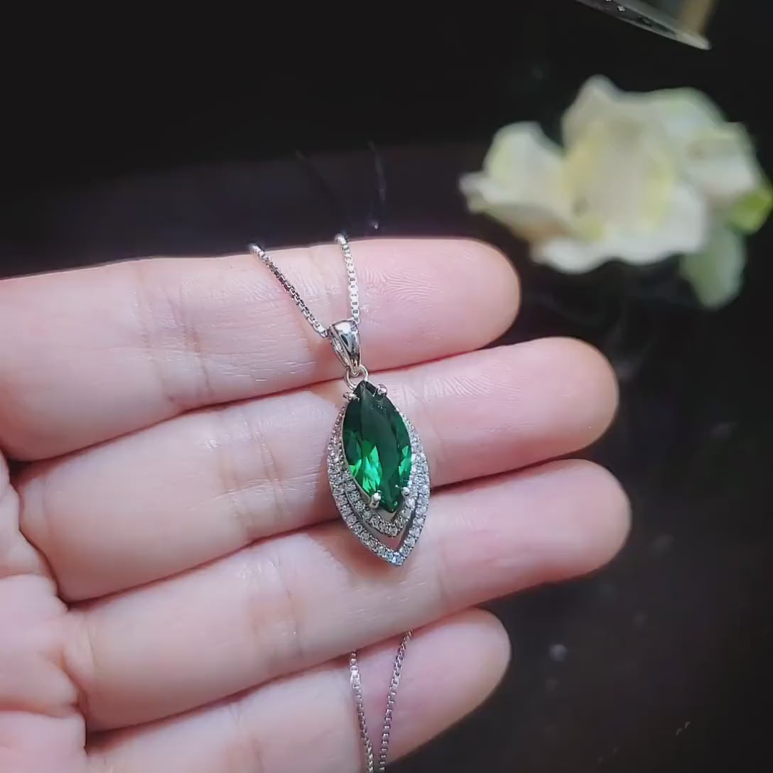 Marquise Style Emerald Necklace - 18kgp @ Sterling Silver - Large Emerald pendant Green Horse eye jewelry #959