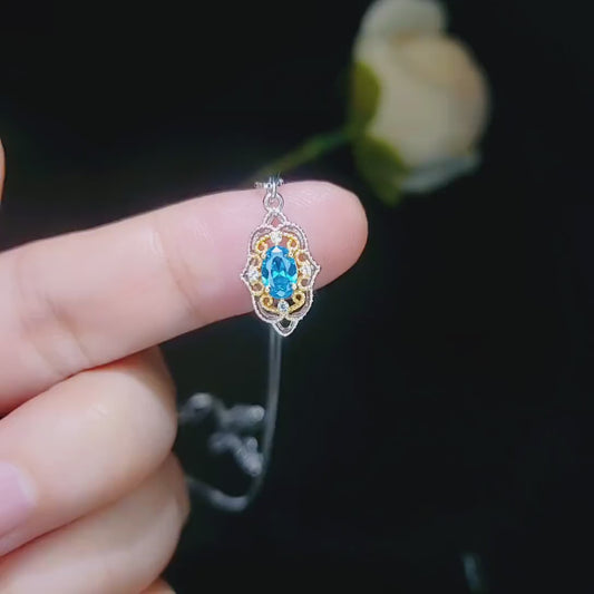 Blue Topaz Necklace - Gold-Plated Sterling Silver Blessing Hand Pendant - Minimalist Jewelry  chain 113