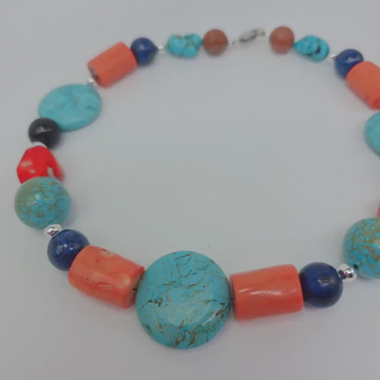 Chunky Turquoise Coral Lapis Lazuli Necklace, Tibetan Style Gemstone Statement Necklace, Bold Geometric Southwestern Choker For women