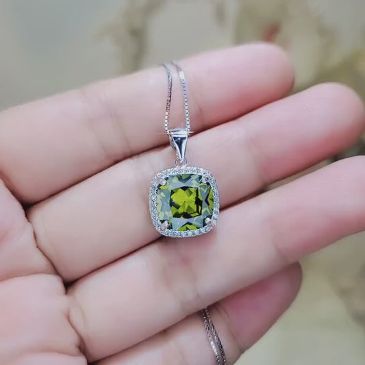 Large Square synthetic Peridot Necklace Gemstone Halo 5 CT Green Gemstone Pendant White Gold coated Sterling Silver #377