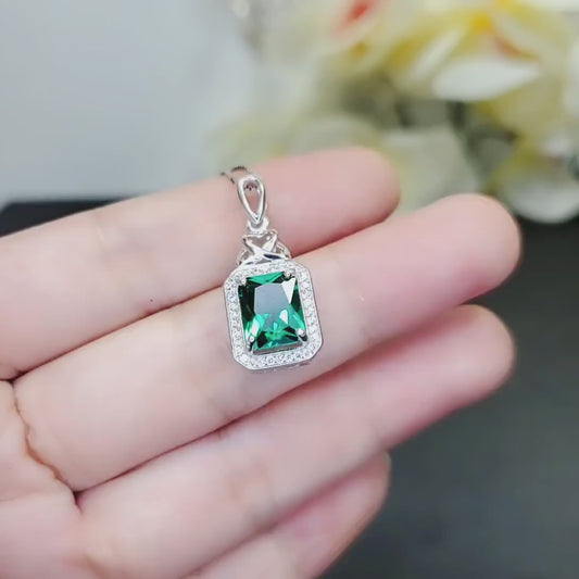 Emerald Necklace - Rectangle Gemstone Sterling Silver 3.5 CT Green Gemstone Pendant White Gold Plated #324
