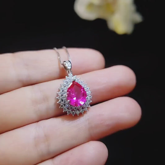 Double Halo Teardrop Pink Topaz Necklace - Gemstone Halo Teardrop Fuchsia Sapphire Pendant - 3 ct White Gold Coated Sterling Silver #758