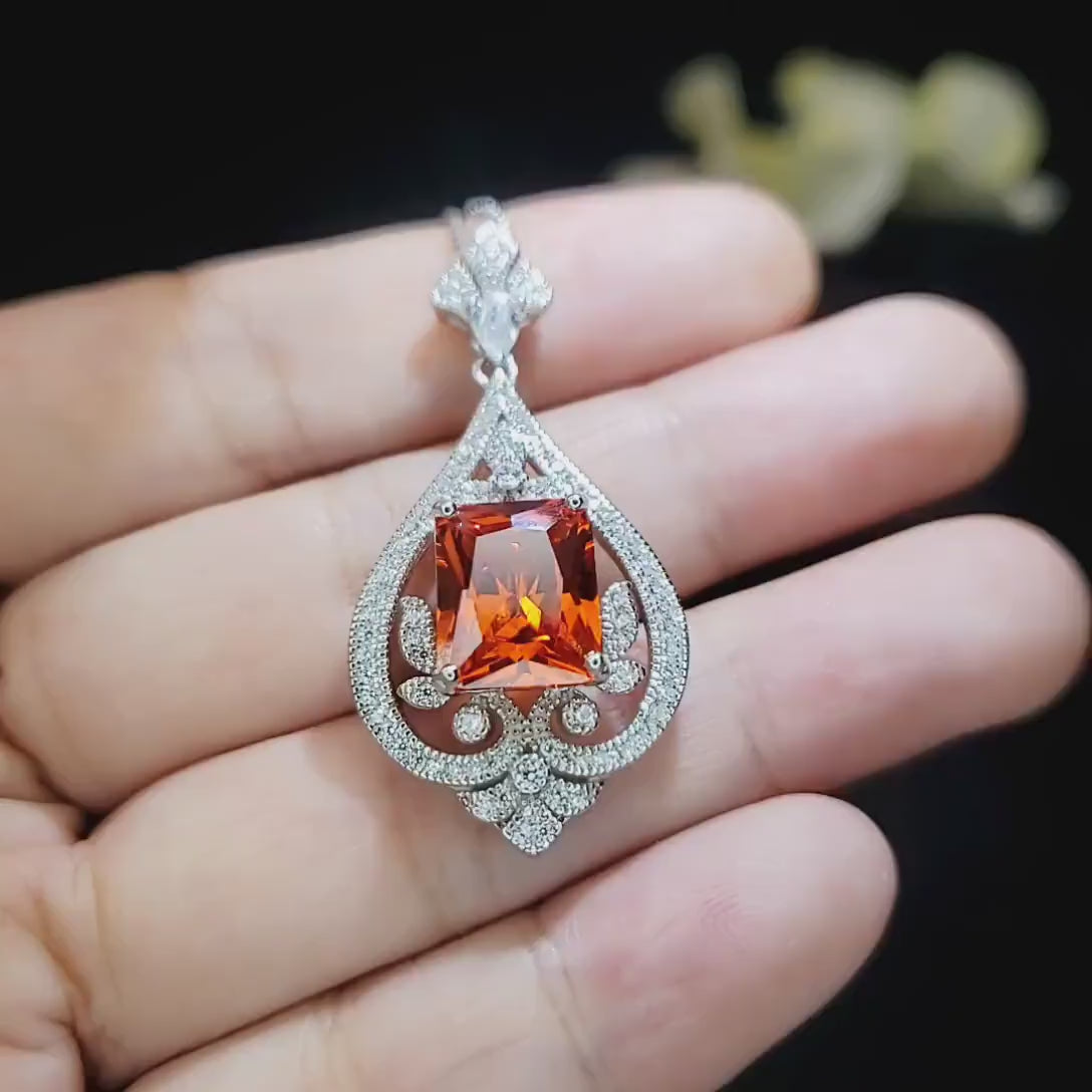 5 Ct Sunstone Necklace in Sterling Silver - Spiritual Flower Design with Scissor Cut Lab Orange Sapphire Tangerine white gold tone #986