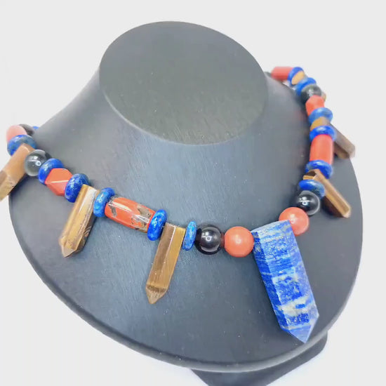 Lapis Lazuli Necklace, Tiger Eye Red Jasper Obsidian Statement Jewelry, Multi Gemstone Crystal Pendant, Bohemian Healing Stone Choker Gift