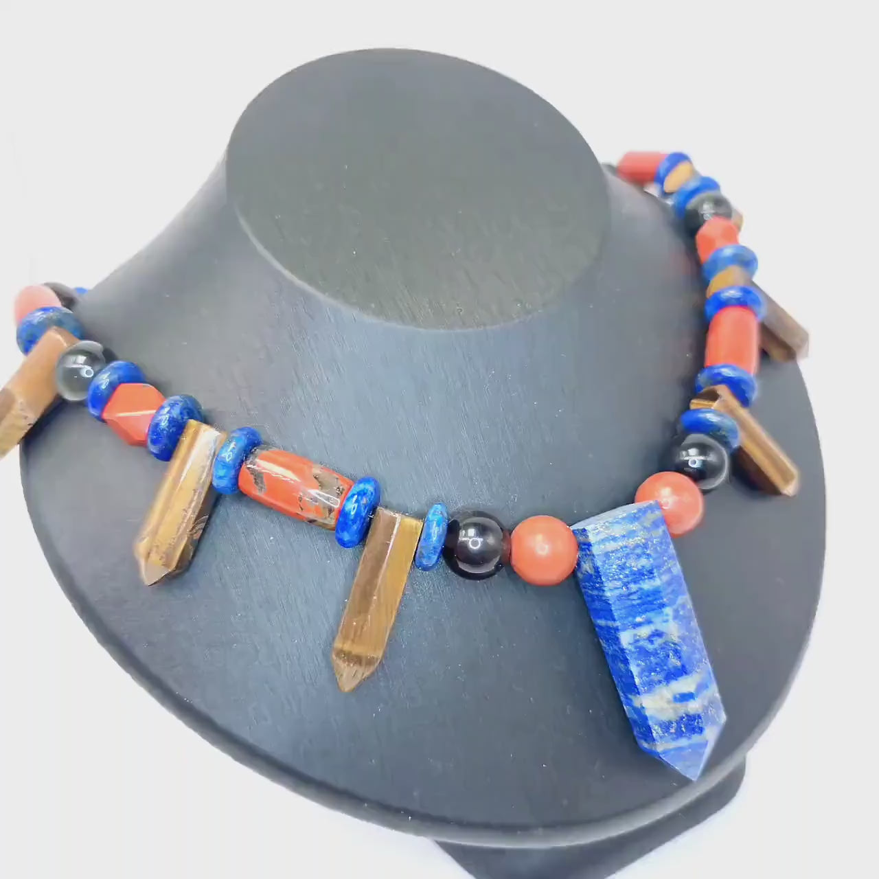 Lapis Lazuli Necklace, Tiger Eye Red Jasper Obsidian Statement Jewelry, Multi Gemstone Crystal Pendant, Bohemian Healing Stone Choker Gift