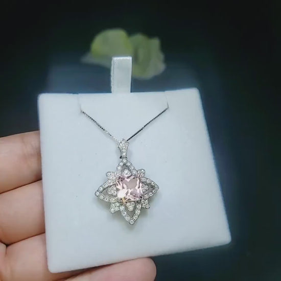 Square Pink Morganite Necklace - Gemstone Medal of Honor Flower  - Sterling Silver Star Celestial Jewelry -  Morganite Jewelry Pendant #574