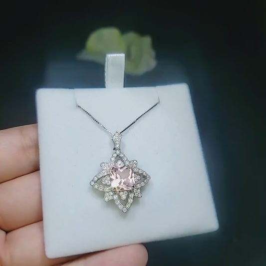 Square Pink Morganite Necklace - Gemstone Medal of Honor Flower  - Sterling Silver Star Celestial Jewelry -  Morganite Jewelry Pendant #574