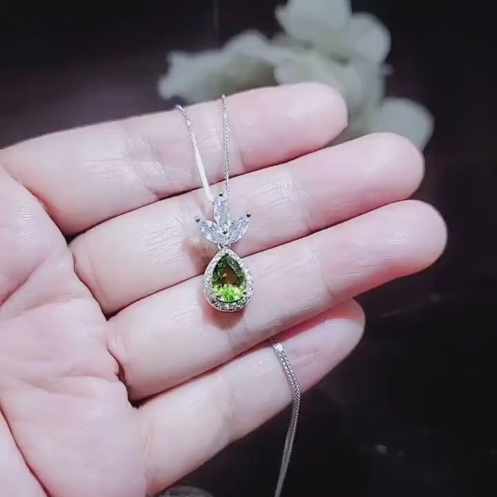 Genuine Peridot Necklace - Natural Green Peridot Pendant - 18KGP @ Sterling Silver - August Birthstone - Three Petal Gemstone Jewelry #465