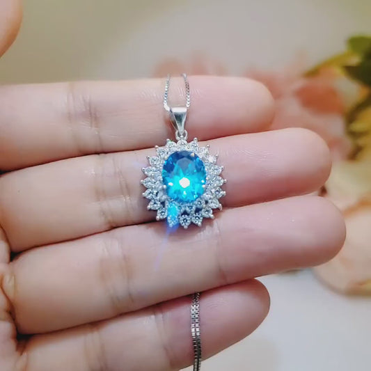 Swiss Blue Topaz Necklace - Double Gemstone Halo White Gold coated Sterling Silver High Quality 3 CT Blue Topaz Pendant #616