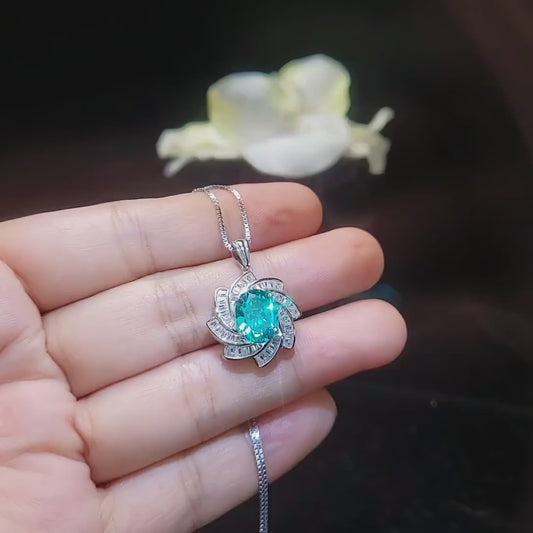 Green Paraiba Tourmaline Necklace 18kGP Sterling Silver Diamond Milky Way Necklace - Spiral Galaxy Energy Vortexes Windmill Pendant 3CT #881